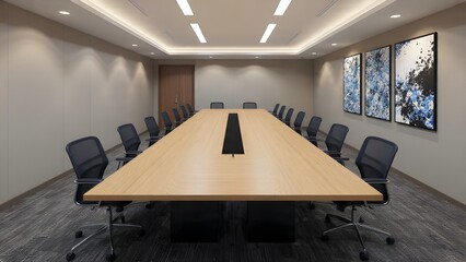 Modern corporate conference room interior, long light wood meeting table with many black executive chairs