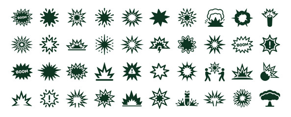Set of dark green explosion and blast icons, comic book style effects on white background
