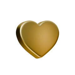 3D gold heart icon, shiny golden love shape isolated on white background. Stylish metal heart render for social media like button, valentine greeting, romance logo or dating app design.