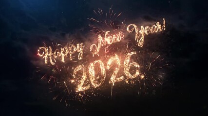 2026 Happy New Year greeting text with particles and sparks on the black night sky with colorful fireworks on the background, beautiful typography magic design.