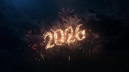 2026 greeting text with particles and sparks on the black night sky with colorful fireworks on the background, beautiful typography magic design. - Powered by Adobe