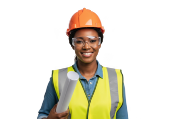 Smiling woman wearing a bright orange hard hat and reflective safety vest holding blueprints isolated on transparent background