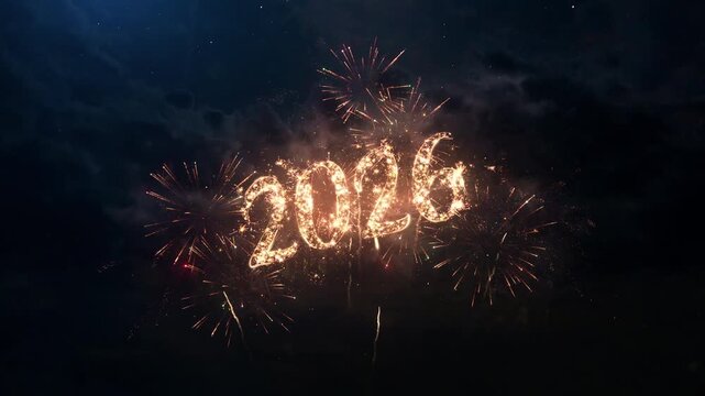 2026 greeting text with particles and sparks on the black night sky with colorful fireworks on the background, beautiful typography magic design.