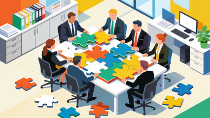 This isometric illustration shows business professionals assembling a large puzzle in an office, symbolizing teamwork, collaboration, and collective problem-solving to achieve corporate goals.
