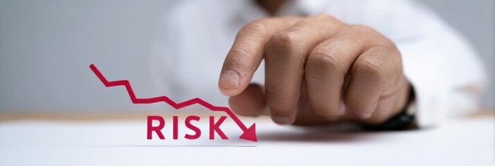 Male hand indicating financial risk with red arrow and text symbol