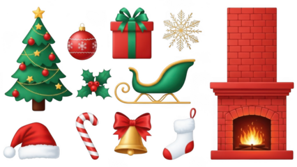 Christmas icons and symbols isolated on transparent background