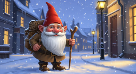 Cute gnome with a staff on the street of a snowy city. Illustration