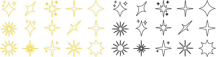 Sparkle Starburst Icon Set Shining Light Effect Symbol Collection Featuring Radiant Twinkle, Glow, Shine, Sparkling Star Group in Line Style for Decorative Graphic Vector Elements