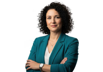 Professional woman with dark curly hair wearing a teal blazer and white top arms crossed confidently isolated on transparent background