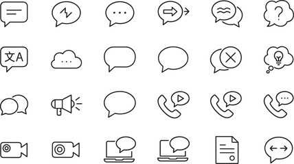 Minimal communication icons featuring chat bubbles, messaging, calls, translation, video, ideas, notifications, and conversation symbols for modern digital communication design