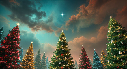 Row of decorated Christmas trees outdoors, glowing ornaments and lights, snowy ground, dramatic teal orange sky, festive holiday atmosphere