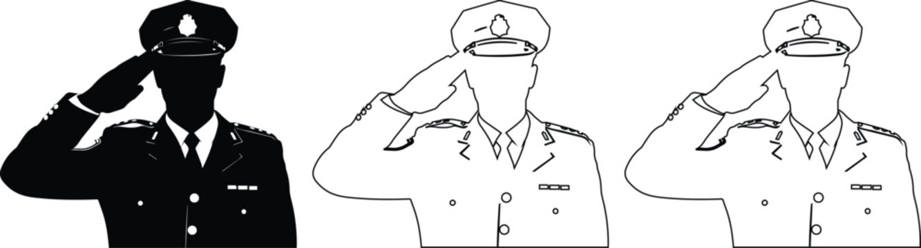 Officer saluting in silhouette white and outline styles representing military police service patriotism and respect symbol collection