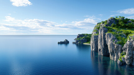 Serene coastal landscape featuring rocky cliffs and calm blue waters under clear sky. lush greenery adds touch of tranquility to scene