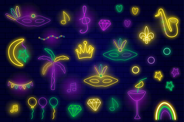 Mardi Gras neon elements in vector.