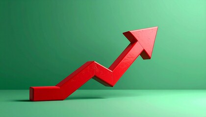 Red 3D zigzag arrow pointing upward-right on green background, symbolizing growth or progress