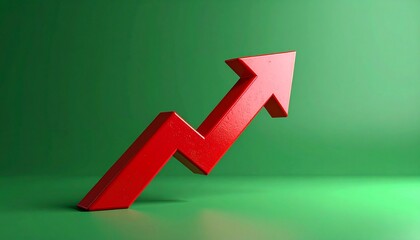 Red 3D zigzag arrow pointing upward-right on green background, symbolizing growth or progress