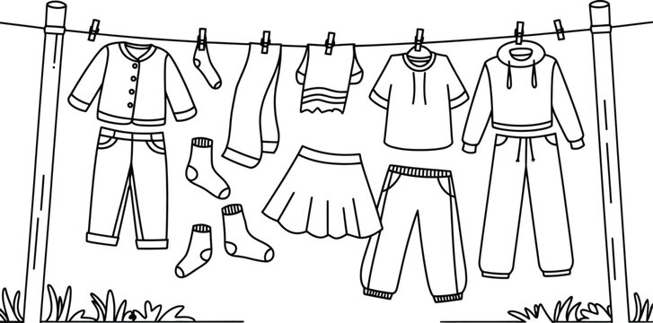 Hand drawn laundry hanging on clothesline coloring page vector illustration