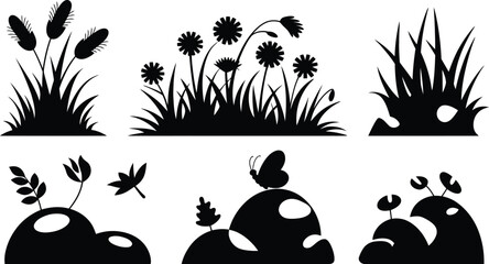 Black grass, wildflower, and stone silhouettes vector set © nitthi
