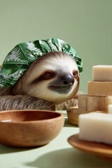 Obraz premium Sloth relaxing with headband and soap bars on green background