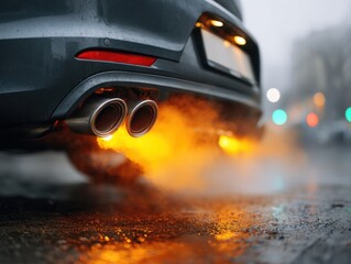 The rear end of a car with visible warm exhaust vapor on a chilly, overcast day. Showing condensation and cold weather driving conditions.