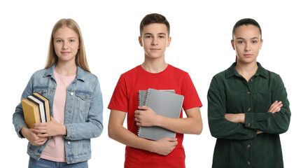 Three diverse students with educational materials isolated on a plain backdrop for school or