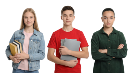 Three diverse students with educational materials isolated on a plain backdrop for school or