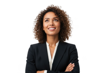 Professional business woman with curly hair wearing a dark suit and white blouse looking upwards with a smile isolated on transparent background