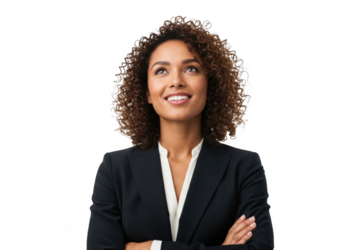 Professional business woman with curly hair wearing a dark suit and white blouse looking upwards with a smile isolated on transparent background - Powered by Adobe