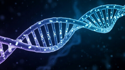 Abstract 3d render of a glowing blue dna helix structure with light particles floating around