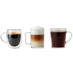Three distinct coffee beverages presented in elegant glass mugs against a plain backdrop