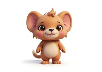 Fototapeta premium Cute animated brown mouse character with big expressive eyes and pink cheeks on white background.