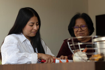 Mother and daughter bonding in kitchen, sharing traditional family recipes, learning cooking skills, preparing fresh healthy meal together, enjoying intergenerational moments