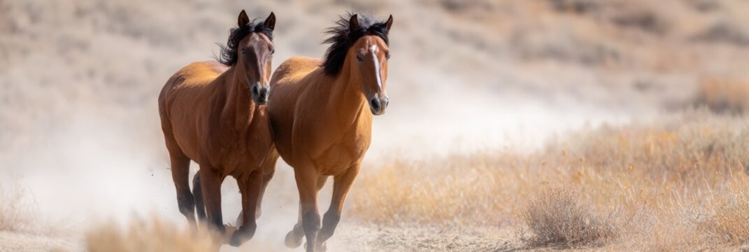 Two wild mustangs galloping through dusty desert landscape