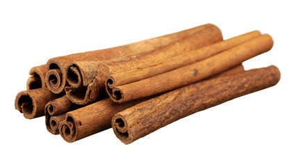Professional studio shot of a pile of aromatic cinnamon sticks (quills) isolated on a light background.