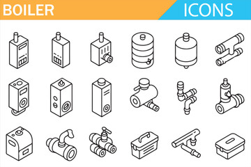 Boiler and heating system icon set with pipes radiators valves and water heaters in outline vector style isolated on white background for HVAC, plumbing and industrial design