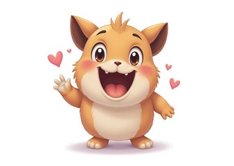 Cute animated orange creature waving greeting with big eyes and small teeth