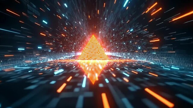 Visual display of a pyramid design with vibrant colors and fast-moving digital patterns in a tech-inspired environment