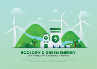 Environmental care and use clean green energy from renewable sources, Reduce carbon emissions, Wind power generators or windmill farm, Solar cells panels, Power generation industry on city background.