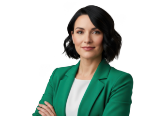 Professional woman with dark hair wearing a green blazer and white top arms crossed isolated on transparent background