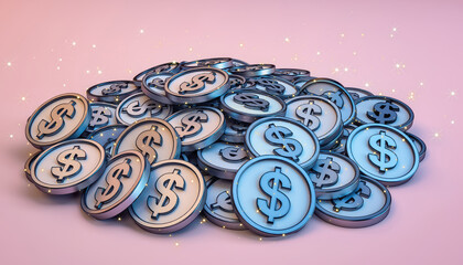Vibrant pile of shiny coins with dollar signs, sparkling against soft pink background, evokes sense of wealth and prosperity. coins are stacked visually appealing manner, creating inviting