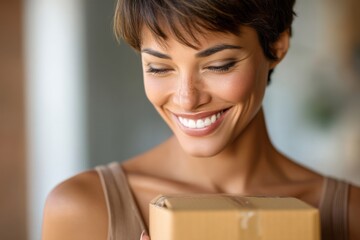Happy woman smiling as she looks down at a small cardboard delivery box. Joy of receiving a package.