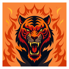 A ferocious tiger with sharp teeth surrounded by swirling fire 