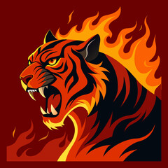 A ferocious tiger with sharp teeth surrounded by swirling fire 