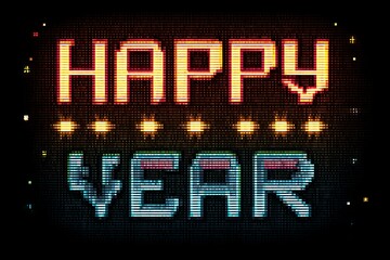 A digital "Happy New Year" display with pixel art font and retro effects