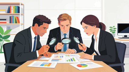 This illustration shows a business professional using a magnifying glass to analyze documents at an office desk, symbolizing detailed research, data inspection, and focused corporate analysis.