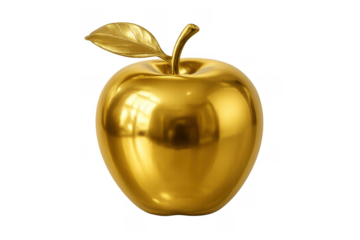 Golden apple symbolizing wealth, success, and luxury with a shiny metallic surface on transparent background