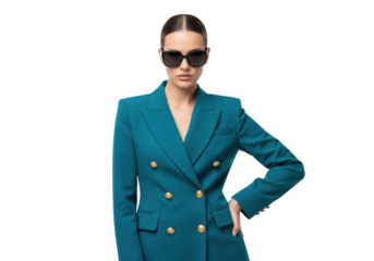 Fashionable woman wearing a teal double breasted blazer and sunglasses standing confidently isolated on transparent background