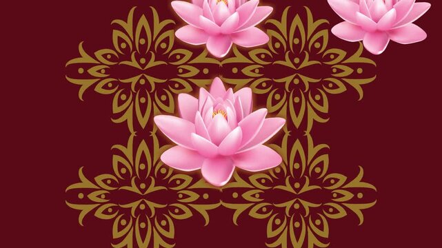 draw set of several pink lotus flower decorate with golden frame in square shape on maroon screen background
