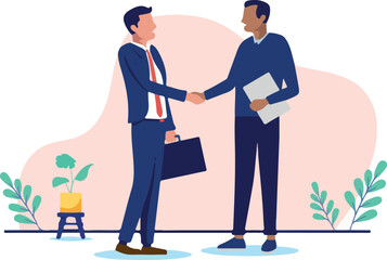 Business deal handshake - Two diverse businesspeople men, negotiating, shaking hands and being friendly over agreement and cooperation in office work setting. Flat design stock illustration.