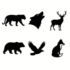 Set of six wild animal silhouettes vector icons